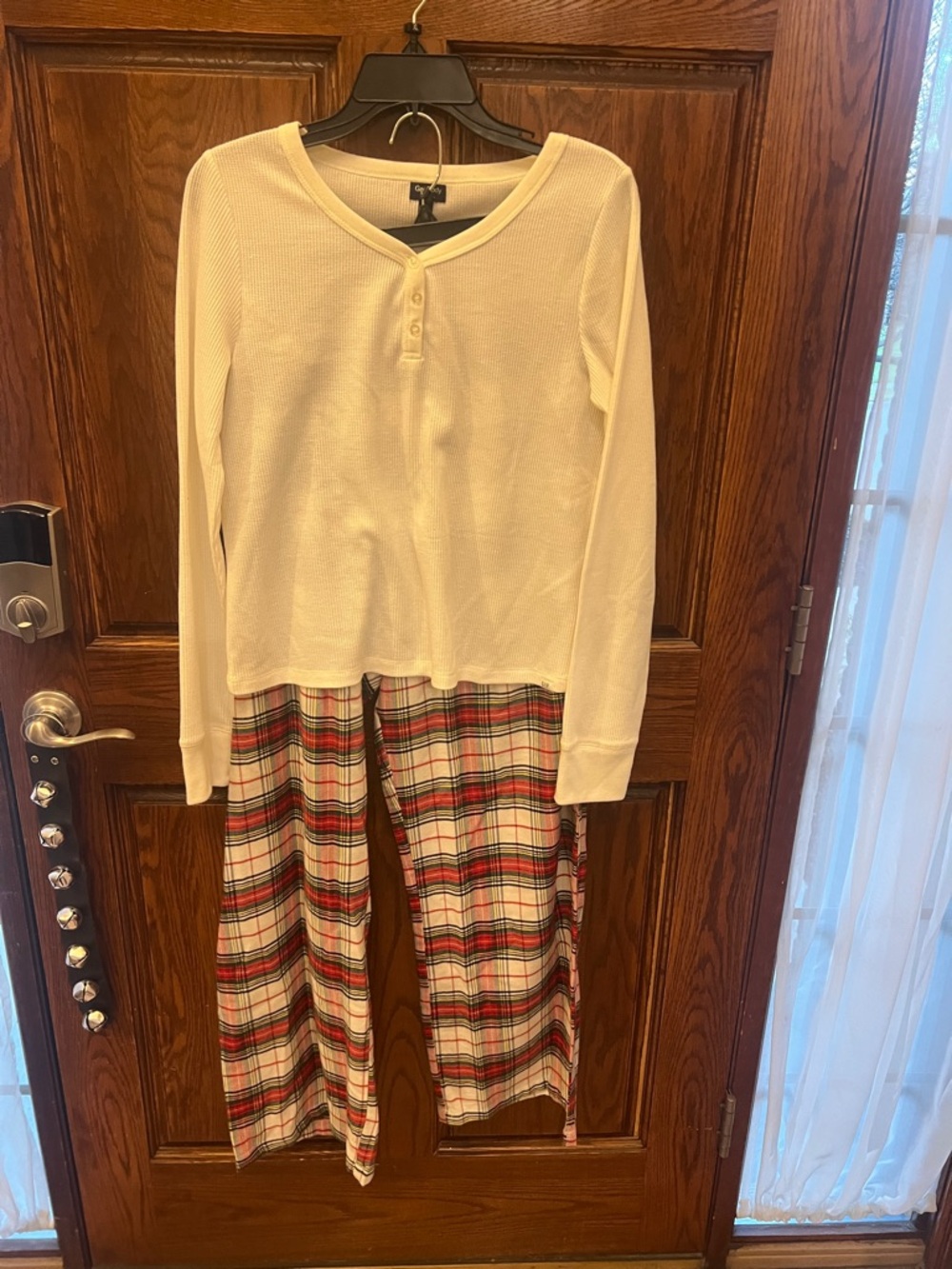Gap Cream Long-Sleeve Top & Red Plaid Pajama Set